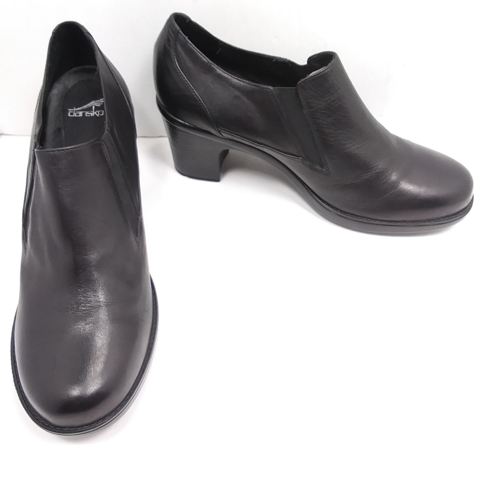 DANSKO Noelle Black Leather Rubber Heel Slip-On Booties Like New